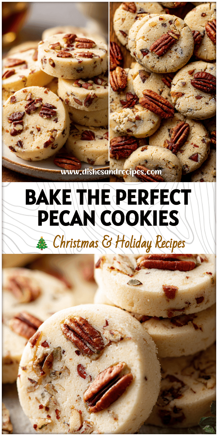 Close-up of butter shortbread pecan cookies with roasted pecans, styled for holiday baking and Christmas desserts.